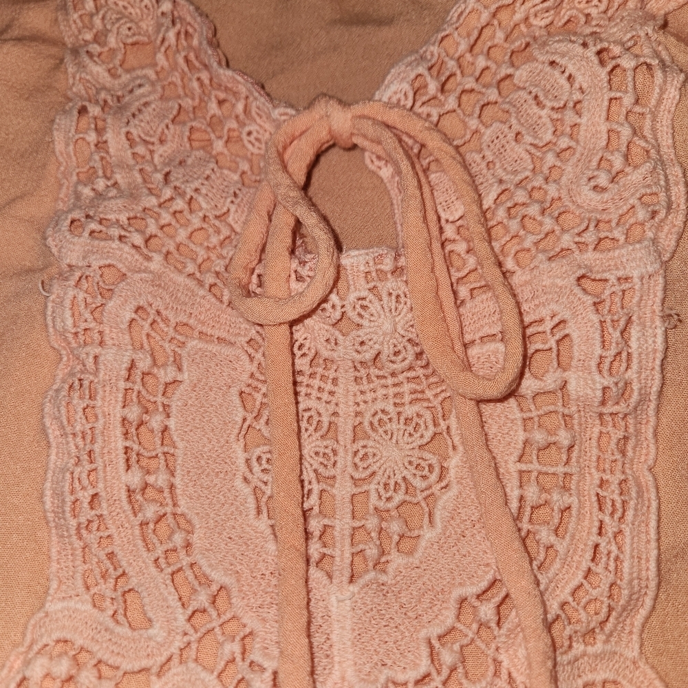 Blu Pepper Vintage Apricot Peasant Blouse Size M Crochet Bell Sleeve Boho Ties - Picture 9 of 9